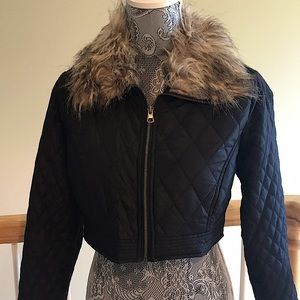 Forever 21 Boutique Crop Black Fur Collared Jacket